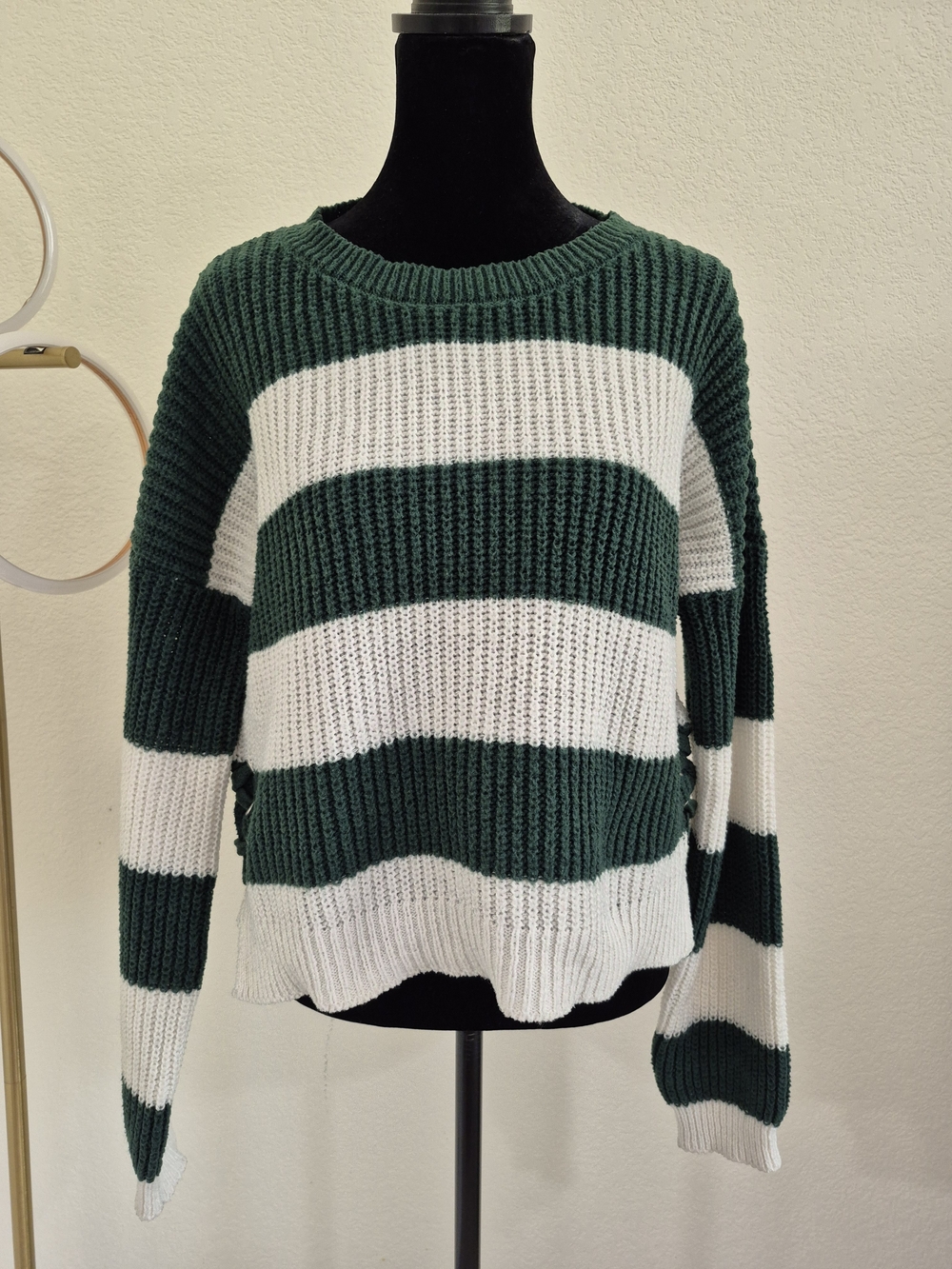 No Boundaries Green and White Striped Crewneck Sweater